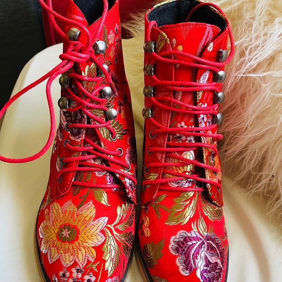 None Shoes - Floral Red Ankle Boots